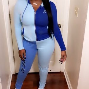 GSUWOO Blue color block zip hoodie set